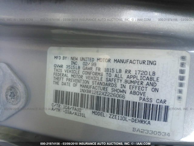 1NXBR12E2XZ226066 - 1999 TOYOTA COROLLA VE/CE/LE 银色 照片 9