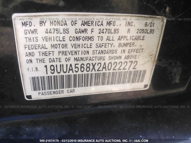 19UUA568X2A022272 - 2002 ACURA 3.2TL TYPE-S BLACK photo 9