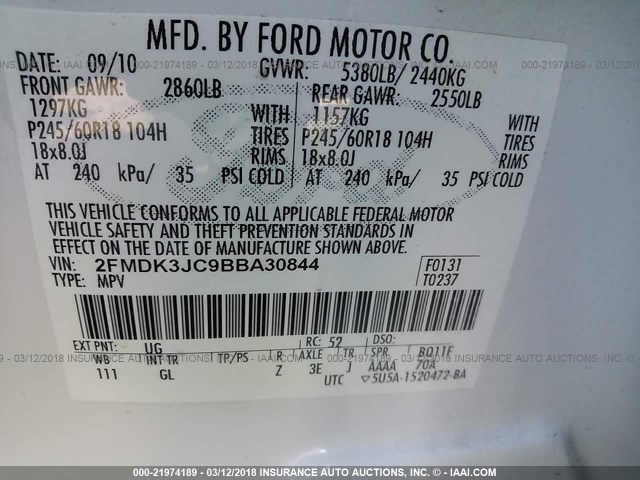 2FMDK3JC9BBA30844 - 2011 FORD EDGE SEL WHITE photo 9