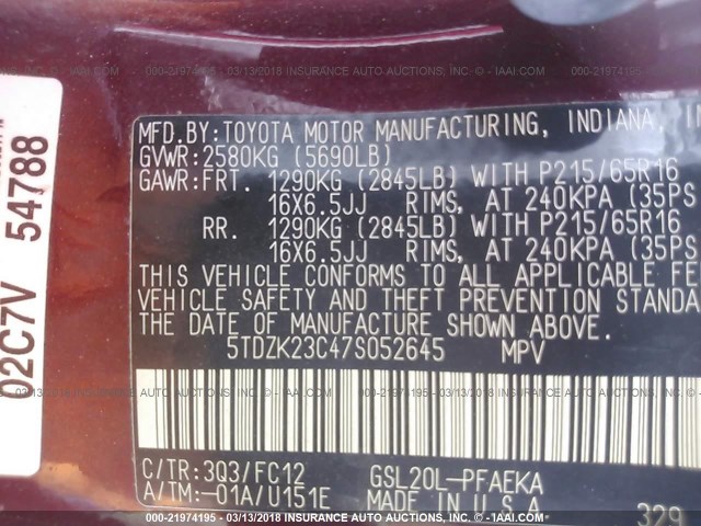 5TDZK23C47S052645 - 2007 TOYOTA SIENNA CE/LE MAROON photo 9