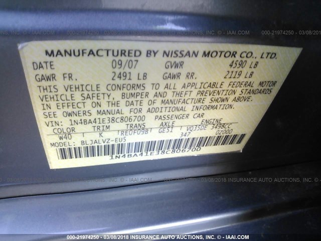 1N4BA41E38C806700 - 2008 NISSAN MAXIMA SE/SL GRAY photo 9