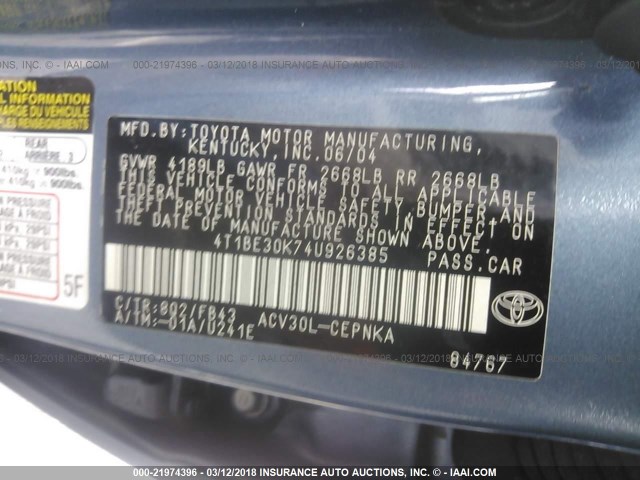 4T1BE30K74U926385 - 2004 TOYOTA CAMRY LE/XLE/SE 浅蓝色 照片 9