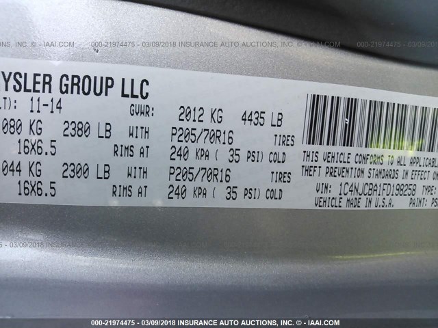 1C4NJCBA1FD198258 - 2015 JEEP COMPASS SPORT GRAY photo 9