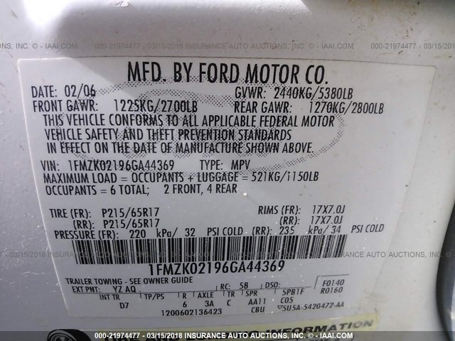 1FMZK02196GA44369 - 2006 FORD FREESTYLE SEL WHITE photo 9