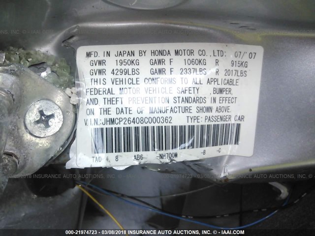 JHMCP26408C000362 - 2008 HONDA ACCORD LXP SILVER photo 9