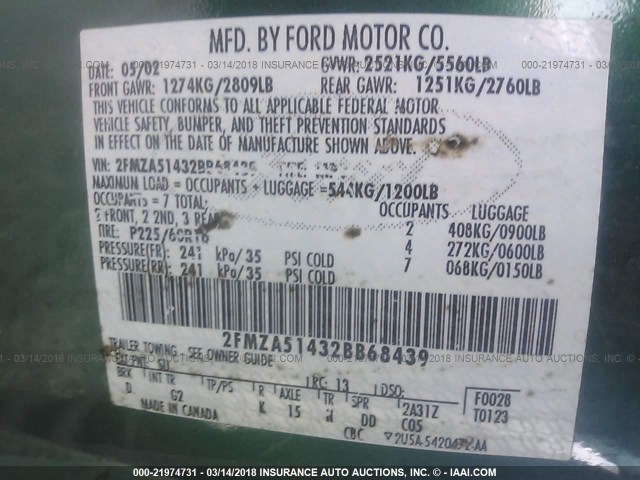 2FMZA51432BB68439 - 2002 FORD WINDSTAR LX GREEN photo 9