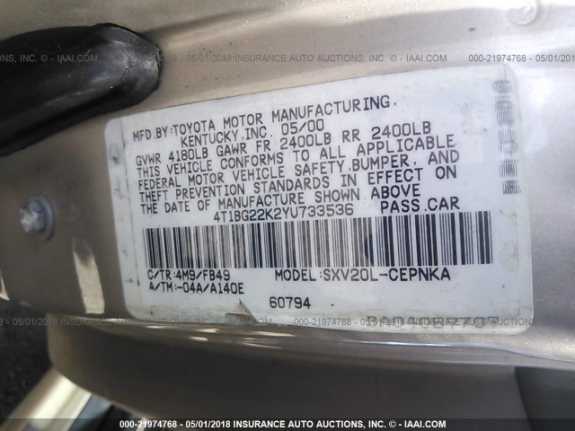 4T1BG22K2YU733536 - 2000 TOYOTA CAMRY CE/LE/XLE 金色 照片 9