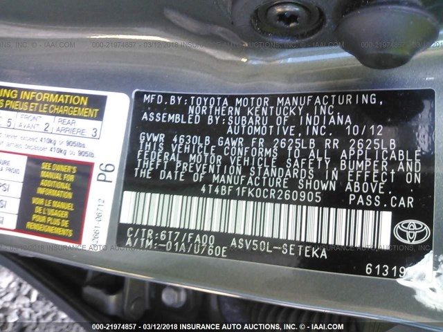 4T4BF1FK0CR260905 - 2012 TOYOTA CAMRY SE/LE/XLE GRAY photo 9