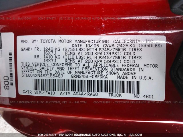 5TEUU42N46Z165483 - 2006 TOYOTA TACOMA ACCESS CAB RED photo 9