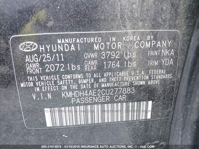 KMHDH4AE2CU277883 - 2012 HYUNDAI ELANTRA GLS/LIMITED BLACK photo 9