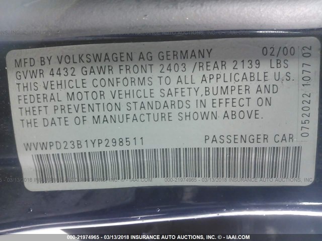 WVWPD23B1YP298511 - 2000 VOLKSWAGEN PASSAT GLX 蓝色 照片 9