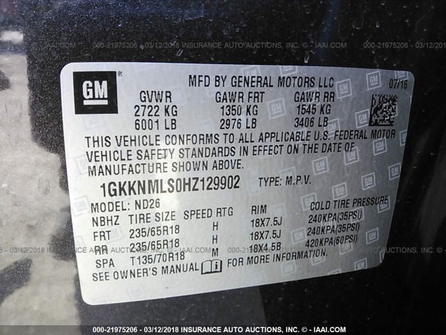 1GKKNMLS0HZ129902 - 2017 GMC ACADIA SLT-1 Noir photo 9