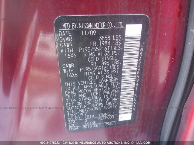 JN8AZ2KR9AT155619 - 2010 NISSAN CUBE S/SL/KROM RED photo 9