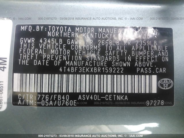 4T4BF3EKXBR159222 - 2011 TOYOTA CAMRY SE/LE/XLE 绿色 照片 9