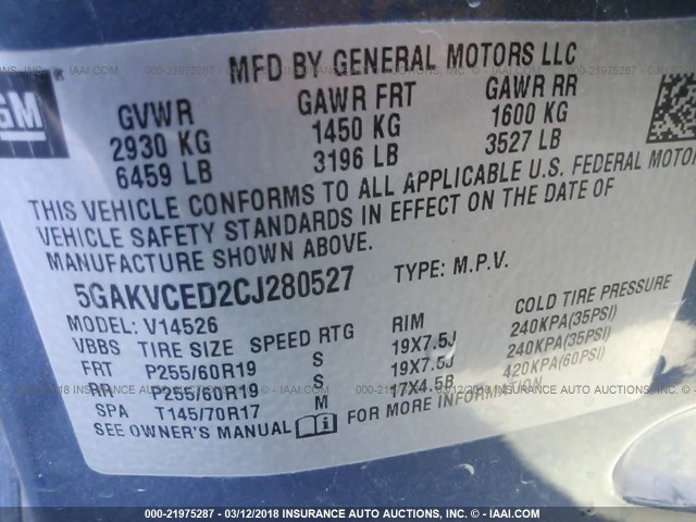 5GAKVCED2CJ280527 - 2012 BUICK ENCLAVE BLUE photo 9