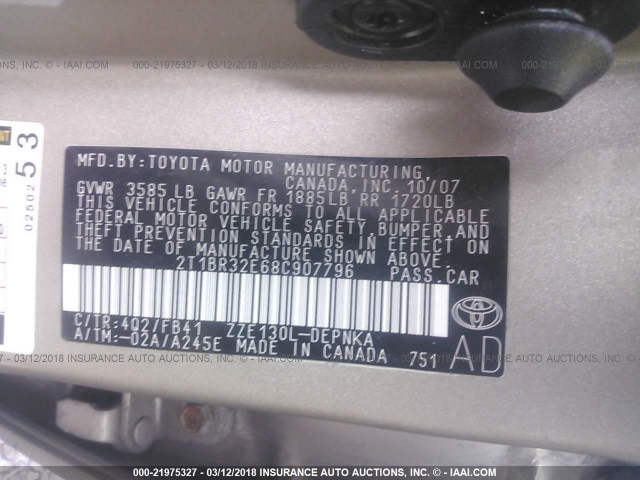 2T1BR32E68C907796 - 2008 TOYOTA COROLLA CE/LE/S BROWN photo 9