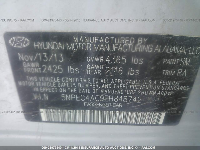 5NPEC4AC9EH848742 - 2014 HYUNDAI SONATA SE/LIMITED SILVER photo 9