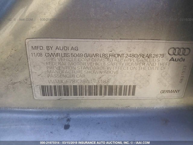 WAUGF78K79A173188 - 2009 AUDI A4 PREMIUM PLUS SILVER photo 9