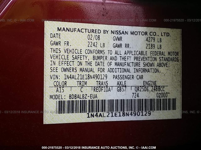 1N4AL21E18N490129 - 2008 NISSAN ALTIMA 2.5/2.5S RED photo 9