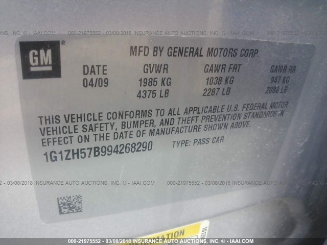 1G1ZH57B994268290 - 2009 CHEVROLET MALIBU 1LT 银色 照片 9