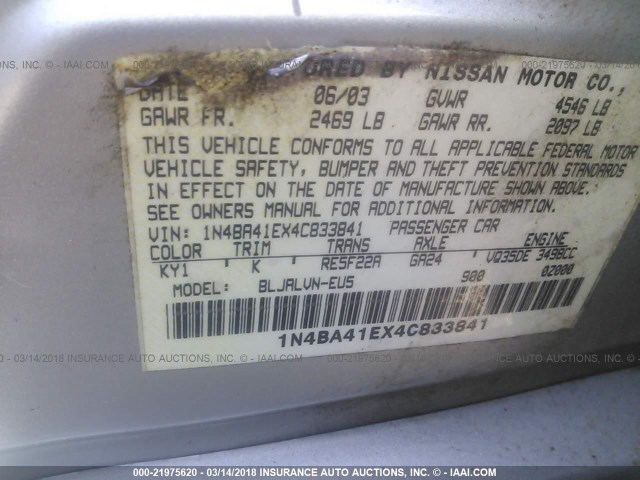 1N4BA41EX4C833841 - 2004 NISSAN MAXIMA SE/SL SILVER photo 9