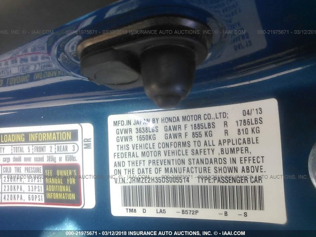 JHMZE2H35DS005514 - 2013 HONDA INSIGHT BLUE photo 9