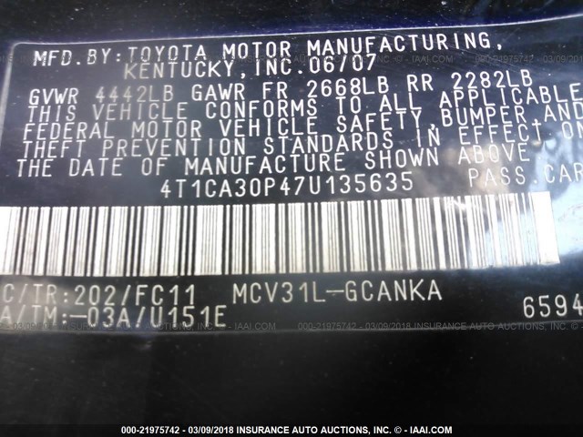 4T1CA30P47U135635 - 2007 TOYOTA CAMRY SOLARA SE/SLE შავი ფოტო 9