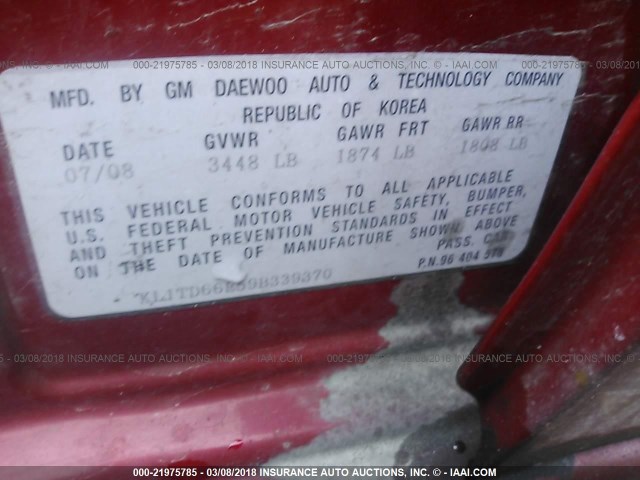 KL1TD66E59B339370 - 2009 CHEVROLET AVEO LS/LT RED photo 9