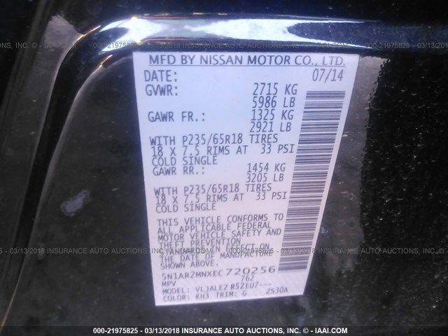 5N1AR2MNXEC720256 - 2014 NISSAN PATHFINDER S/SV/SL/PLATINUM 黑色 照片 9