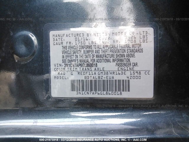 3N1CN7AP6GL860018 - 2016 NISSAN VERSA S/S PLUS/SV/SL BLUE photo 9