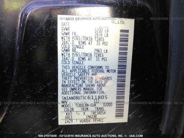 5N1AN08U75C611805 - 2005 NISSAN XTERRA OFF ROAD/S/SE 黑色 照片 9