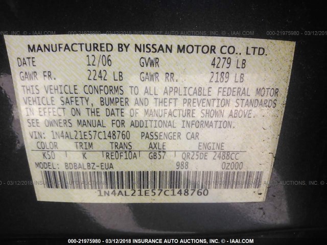 1N4AL21E57C148760 - 2007 NISSAN ALTIMA 2.5/2.5S GRAY photo 9