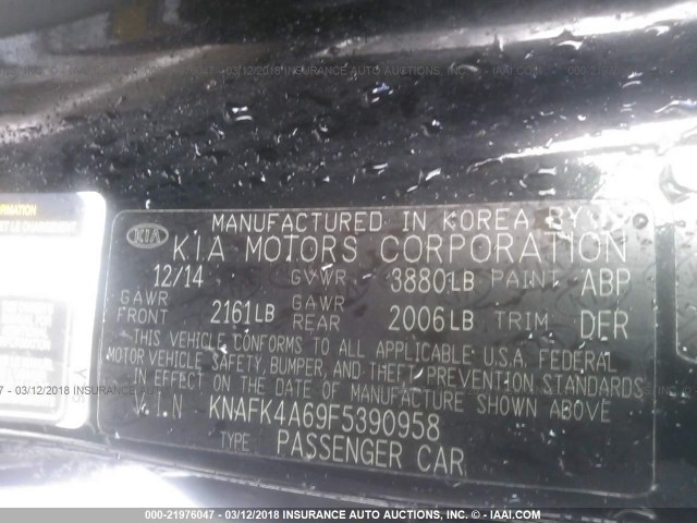 KNAFK4A69F5390958 - 2015 KIA FORTE LX BLACK photo 9