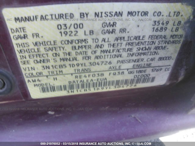 3N1CB51D9YL304726 - 2000 NISSAN SENTRA XE/GXE BURGUNDY photo 9