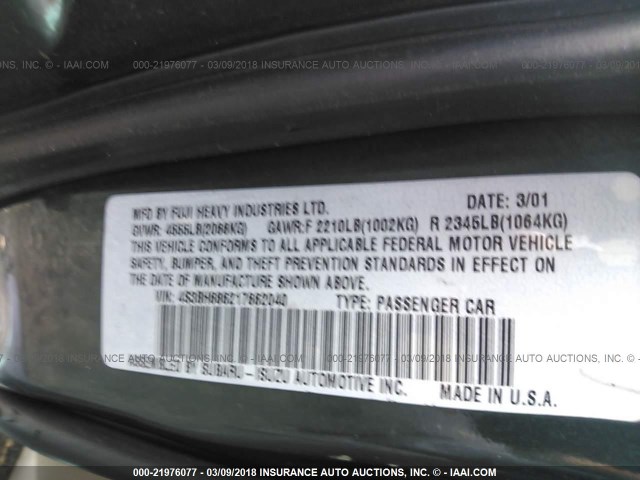 4S3BH686217662040 - 2001 SUBARU LEGACY OUTBACK LIMITED GREEN photo 9