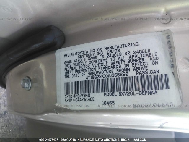 4T1BG22KXWU368892 - 1998 TOYOTA CAMRY CE/LE/XLE 金色 照片 9