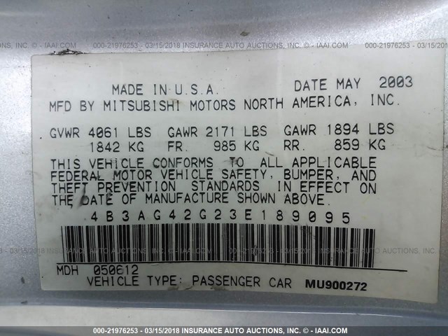 4B3AG42G23E189095 - 2003 DODGE STRATUS SE GRAY photo 9