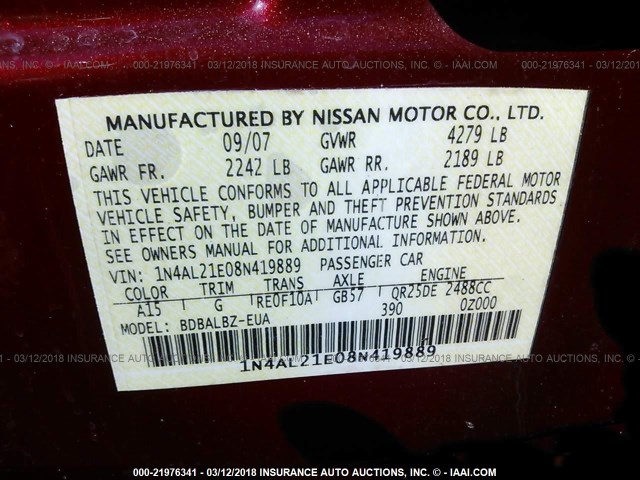 1N4AL21E08N419889 - 2008 NISSAN ALTIMA 2.5/2.5S MAROON photo 9