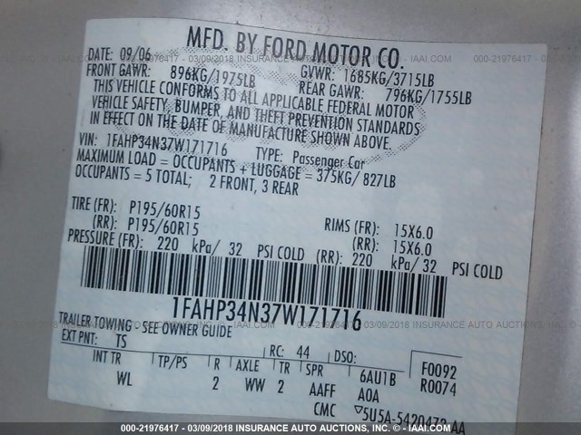 1FAHP34N37W171716 - 2007 FORD FOCUS ZX4/S/SE/SES SILVER photo 9