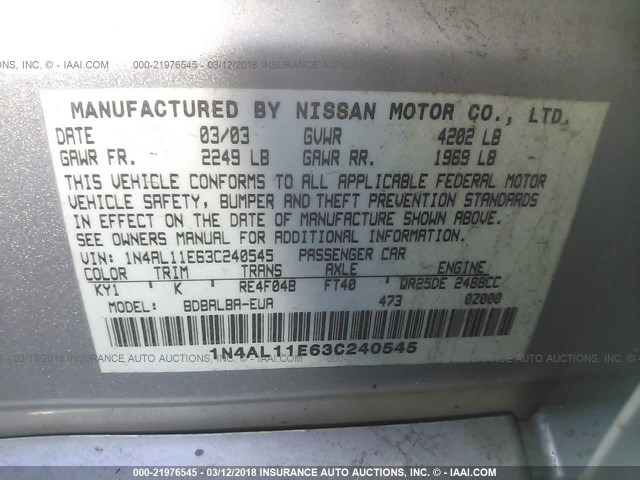 1N4AL11E63C240545 - 2003 NISSAN ALTIMA S/SL SILVER photo 9