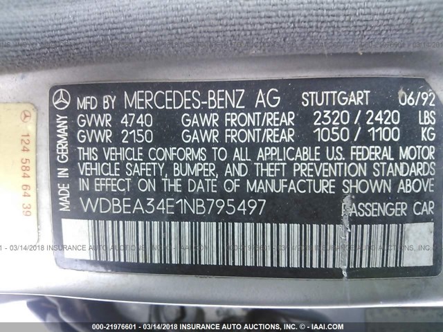 WDBEA34E1NB795497 - 1992 MERCEDES-BENZ 400 E SILVER photo 9