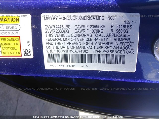 1HGCV1F35JA074582 - 2018 HONDA ACCORD SPORT BLUE photo 9