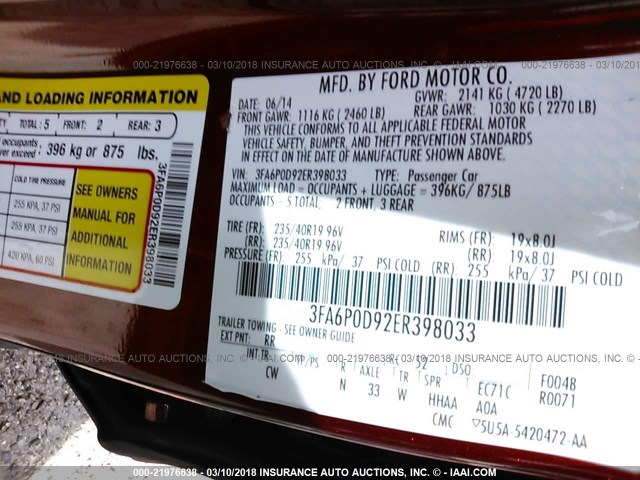 3FA6P0D92ER398033 - 2014 FORD FUSION TITANIUM RED photo 9