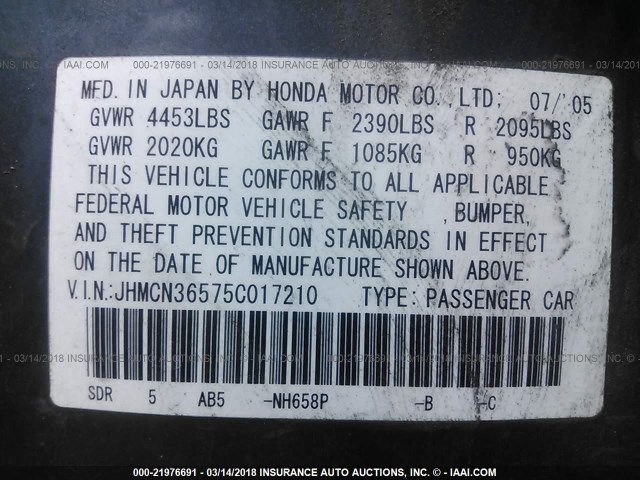 JHMCN36575C017210 - 2005 HONDA ACCORD HYBRID GRAY photo 9