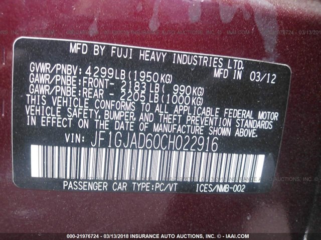 JF1GJAD60CH022916 - 2012 SUBARU IMPREZA PREMIUM RED photo 9