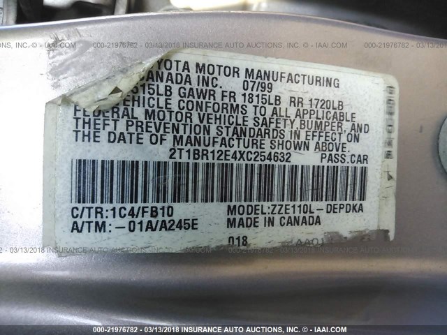 2T1BR12E4XC254632 - 1999 TOYOTA COROLLA VE/CE/LE GRAY photo 9