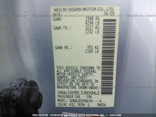 1N4AL24E99C190962 - 2009 NISSAN ALTIMA 2.5S SILVER photo 9