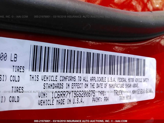 1C6RR7YT9GS200675 - 2016 RAM 1500 REBEL წითელი ფოტო 9