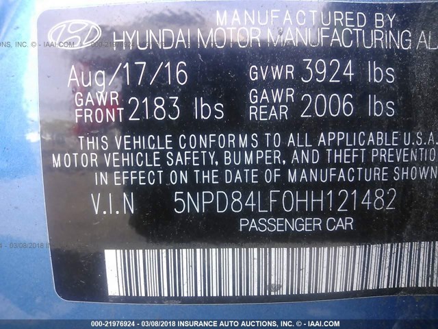 5NPD84LF0HH121482 - 2017 HYUNDAI ELANTRA SE/VALUE/LIMITED BLUE photo 9