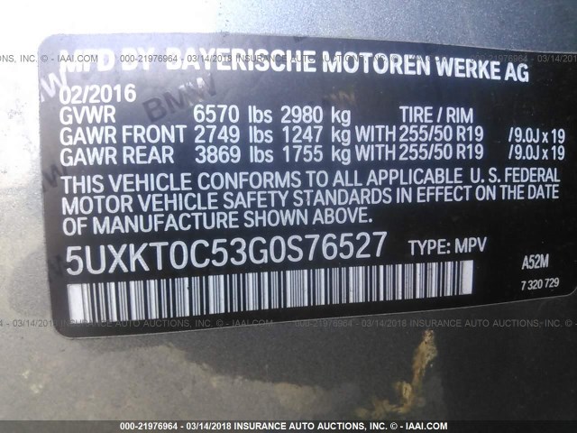 5UXKT0C53G0S76527 - 2016 BMW X5 XDR40E GRAY photo 9
